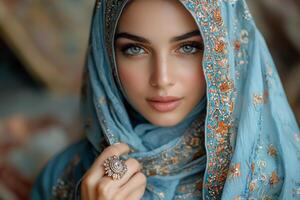 In softly lit dressing area Muslim woman is fastening decorative brooch onto her hijab preparing for joyous celebrations of Eid al Fitr her reflection visible in mirror photo