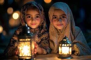 Siblings are joyfully exchanging gifts in warm living room decorated lanterns while dressed in beautiful traditional Islamic attire capturing essence of family celebration photo