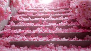 spiral staircase crafted from cherry blossom branches features steps blanketed in pink petals. Gentle sunlight filters through creating serene atmosphere of spring beauty photo