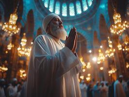 In beautifully lit mosque Imam focuses on guiding Maghrib prayer hands raised in prayer while worshippers behind him embodying sense of devotion and unity during Eid festivities photo