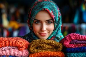 young woman wearing colorful hijab is seen placing neatly folded garments into donation box charity center. act of kindness reflects community spirit during joyful occasion photo