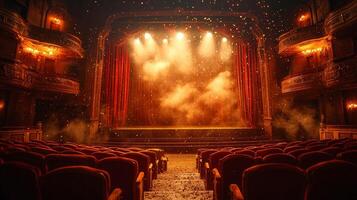 Dimly lit theater stage radiates anticipation single spotlight on wooden floor. Dust particles dance in air framed partially opened red curtains creating mysterious atmosphere photo