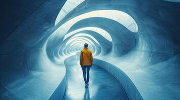 In modern maze of endless white corridors person stands out in bold yellow outfit. pristine walls and shadows form mesmerizing geometric patterns enhancing minimalist aesthetic photo