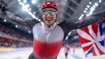 Speed skater crosses finish line arms raised in joy. Their exhausted expression reflects exhilaration underscored waving national flag in celebration photo