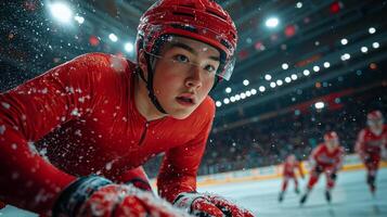 Short track speed skaters navigate tight curve bending low intense focus as they balance on ice. Their swift movements send sprays of ice flying embodying excitement of race photo