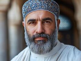 Muslim man wearing white thobe and embroidered kufi cap stands entrance of mosque illuminated warm sunlight as he celebrates Eid al Fitr family traditions photo