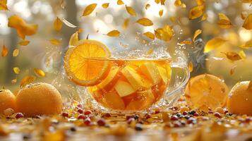 Sip on vibrant cup of fruit infused tea where steam transforms into juicy slices of oranges apples and berries radiating freshness. scene captures essence of natural ingredients photo