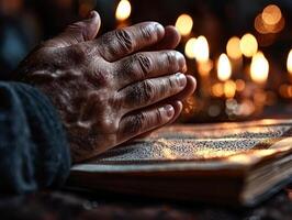 Hands are raised in prayer while illuminated candlelight accompanied open Quran displaying beautiful Arabic calligraphy symbolizing unity and faith during Eid festivities photo