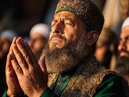In mosque during Maghrib prayer Imam raises his hands for Takbir while worshippers stand behind him in deep devotion embodying spirit of Eid al Fitr celebrations photo