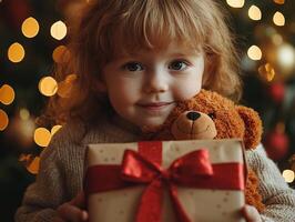 child unwraps gift revealing plush toy and smiles delight. Golden lights twinkle in background creating warm festive atmosphere during Eid al Fitr family traditions photo