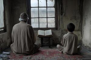 In serene home prayer space elderly man and young boy are engaged in moment of prayer together Quran open between them. warm ambient light creates peaceful atmosphere photo