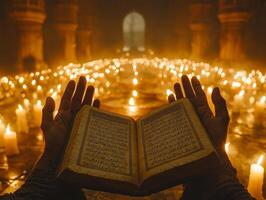 Hands are raised in Dua softly lit candlelight open Quran displaying intricate Arabic calligraphy. moment captures essence of Eid al Fitr traditions and prayers photo