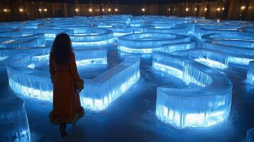 enormous labyrinth of translucent ice glows deep blue hues as person in fiery orange winter coat cautiously explores its intricate paths while visible breath rises in cold air photo