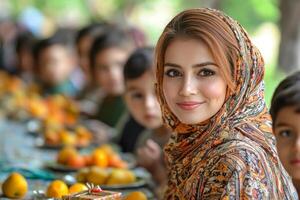 Muslim mother placing beautifully wrapped gift on breakfast table while her children's faces light up joy. atmosphere is filled excitement as they celebrate Eid together photo