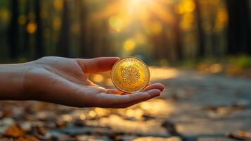 person bends down on sunlit sidewalk pick up old golden coin engraved lucky symbol. soft glowing rainbow appears in background enhancing moment's magic photo
