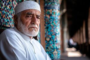 elderly man in white robe and kufi cap sits thoughtfully on wooden bench in peaceful mosque courtyard surrounded colorful intricately designed tiles photo