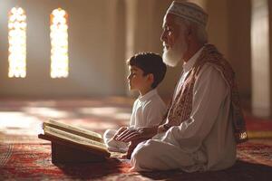 elderly man and young boy pray together in serene home prayer space Quran open on wooden stand illuminated warm soft light emphasizing family unity and tradition photo