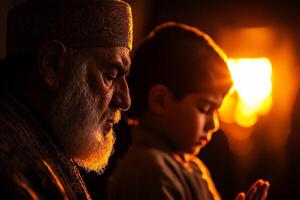 father gently guides his young son in prayer their hands resting on their knees embodying family tradition and unity during significant moment of Eid al Fitr photo