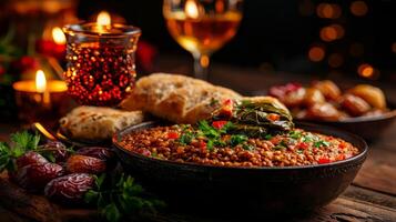 beautifully arranged Ramadan Iftar table showcases lentil soup stuffed grape leaves and fresh bread surrounded candles. Dates complete festive gathering of family traditions and unity photo
