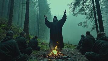 robed leader stands in forest clearing dusk raising hands sky. Followers kneel around bonfire surrounded mist and carved symbols engaged in sacred ceremony photo