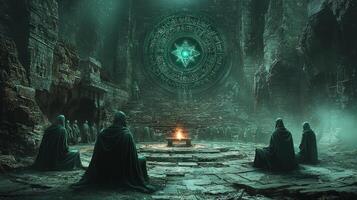 In hidden underground hall robed individuals sit in rows focused on glowing altar sacred symbol. flickering torches cast shadows enhancing ritualistic atmosphere photo