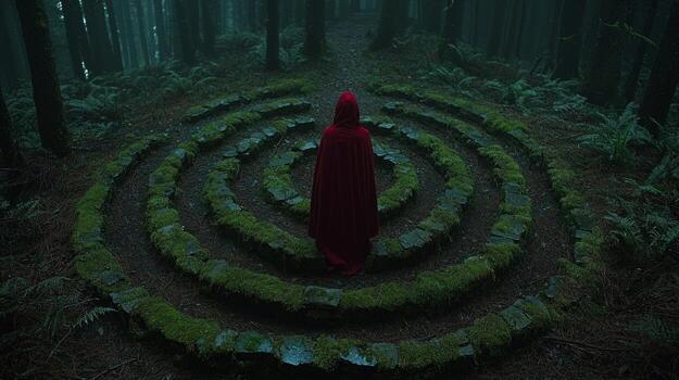 person in flowing red cloak stands crossroads within moss covered labyrinth surrounded towering trees and mist pondering which path choose in magical forest photo