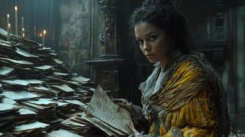 In dimly lit space woman's delicate fingers gently unfold handwritten note from collection of aged letters revealing intimate secrets illuminated soft candlelight photo