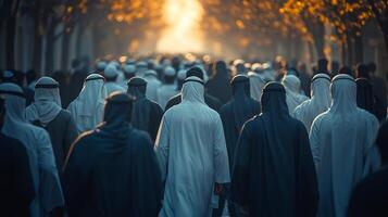 group of Emirati men dressed in kanduras and headscarves walks in unison through urban area showcasing elegance and cultural heritage during Eid al Fitr festivities photo