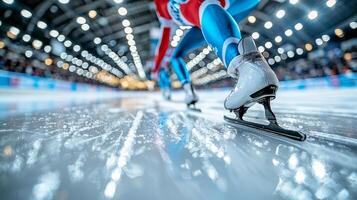 dedicated speed skater glides across ice maintaining low and streamlined position while competing in professional event. bright arena lights enhance dramatic atmosphere photo