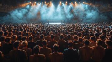 glow of vibrant spotlights packed audience eagerly awaits boxing match. tension builds in air as smoke swirls around ring creating dramatic atmosphere photo