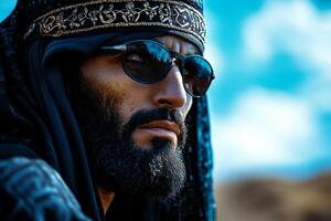 man dressed in dark blue jubba and taqiyah cap stands in open desert landscape. wind subtly lifts fabric of his robe reflecting serene moment of celebration photo