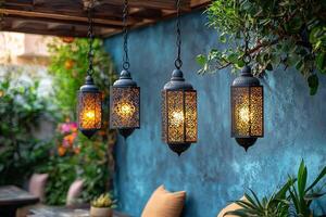 Intricate Moroccan lanterns hang against deep blue backdrop casting beautiful glowing patterns on surrounding walls. festive display highlights beauty of Islamic celebrations photo