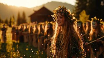 joyful celebration unfolds as people dressed as spirits of spring march through colorful meadow photo