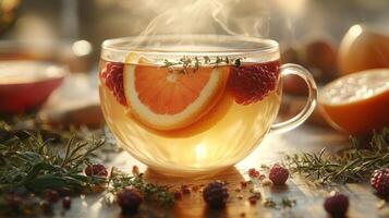 Enjoy vibrant cup of fruit infused tea steaming slices of oranges and berries set against warm golden light backdrop highlighting fresh and natural ingredients photo