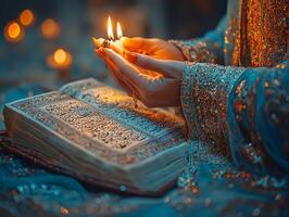 During Eid al Fitr hands are raised in Dua illuminated flickering candlelight. open Quran delicate Arabic calligraphy rests in foreground symbolizing prayer and devotion photo