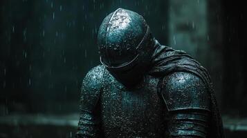 Spanish conquistador struggles through thick jungle sword in hand and armor muddy. He shows signs of weariness but remains resolute amidst lurking exotic birds and dangerous creatures photo