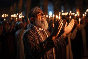 group of worshippers is gathered in mosque during Laylatul Qadr hands raised in fervent prayer. candlelit setting enhances sacred atmosphere of moment photo