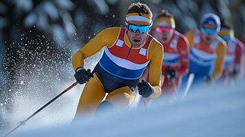 group of elite biathletes launches off starting line their colorful racing suits contrasting against snow. Focused and intense they create dust of snow as they push forward photo
