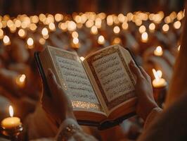 Hands are raised in prayer during Eid al Fitr illuminated candlelight. open Quran features delicate Arabic calligraphy enhancing atmosphere of devotion photo