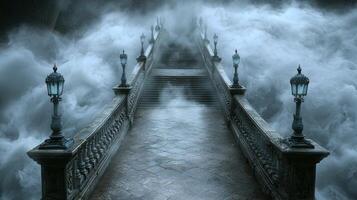 lone soul stands edge of long obsidian bridge contemplating crossing into Hades domain. Swirling mist surrounds pathway while spectral torchlight flickers ominously photo