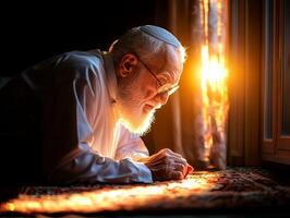 elderly Muslim man kneels in prayer his forehead touching decorative rug. Soft golden light streams through windows creating serene atmosphere during moment of reflection photo