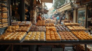 lively Middle Eastern bazaar bustles activity as vendors display trays of maamoul baklava and halva celebrating Eid al Fitr amidst festive decorations and joyful crowds photo