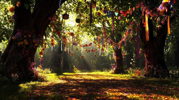 In sacred grove imbued magic pagans perform rituals surrounded towering trees adorned ribbons and flowers. Sunlight streams through canopy creating stunning atmosphere photo