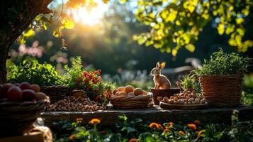 serene rustic altar displays fertility symbols like eggs hares and sprouting plants in lush meadow. Buzzing bees and blooming trees enhance atmosphere of renewal and celebration photo