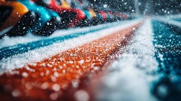 group of elite biathletes launches from starting line major competition their focused expressions and colorful suits highlighting intensity of moment as snowdust flies photo