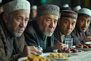 group of friends gathers in mosque break their fast during Eid al Fitr. They share dates and water expressing joy and unity as they prepare for evening prayers photo