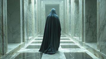 dreamlike journey unfolds within surreal maze of floating marble slabs. figure in flowing blue robe walks barefoot their reflection shimmering on polished floor photo