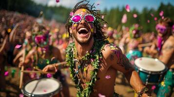 Colorful spirits of spring march joyfully through meadow adorned in leafy costumes and flower masks. Drummers and flutists fill air festive music as petals dance in wind photo