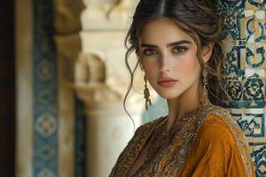 woman stands elegantly on traditional tiled balcony wearing richly embroidered Moroccan kaftan. Her kohl framed eyes reflect sense of reflection amidst festive atmosphere photo