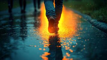 man strolls down rainy street effortlessly avoiding puddles while others behind him deal wet shoes. warm glow reflecting off ground creates magical atmosphere photo